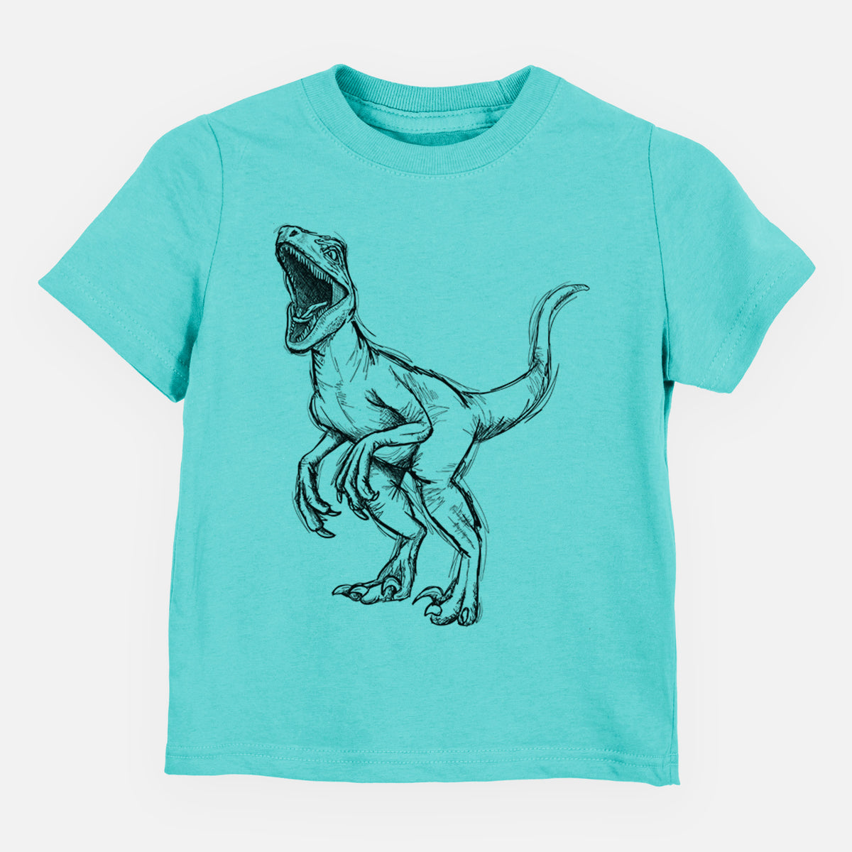 Caribbean blue toddler t-shirt laid flat, printed with a black ink illustration of a Velociraptor roaring.