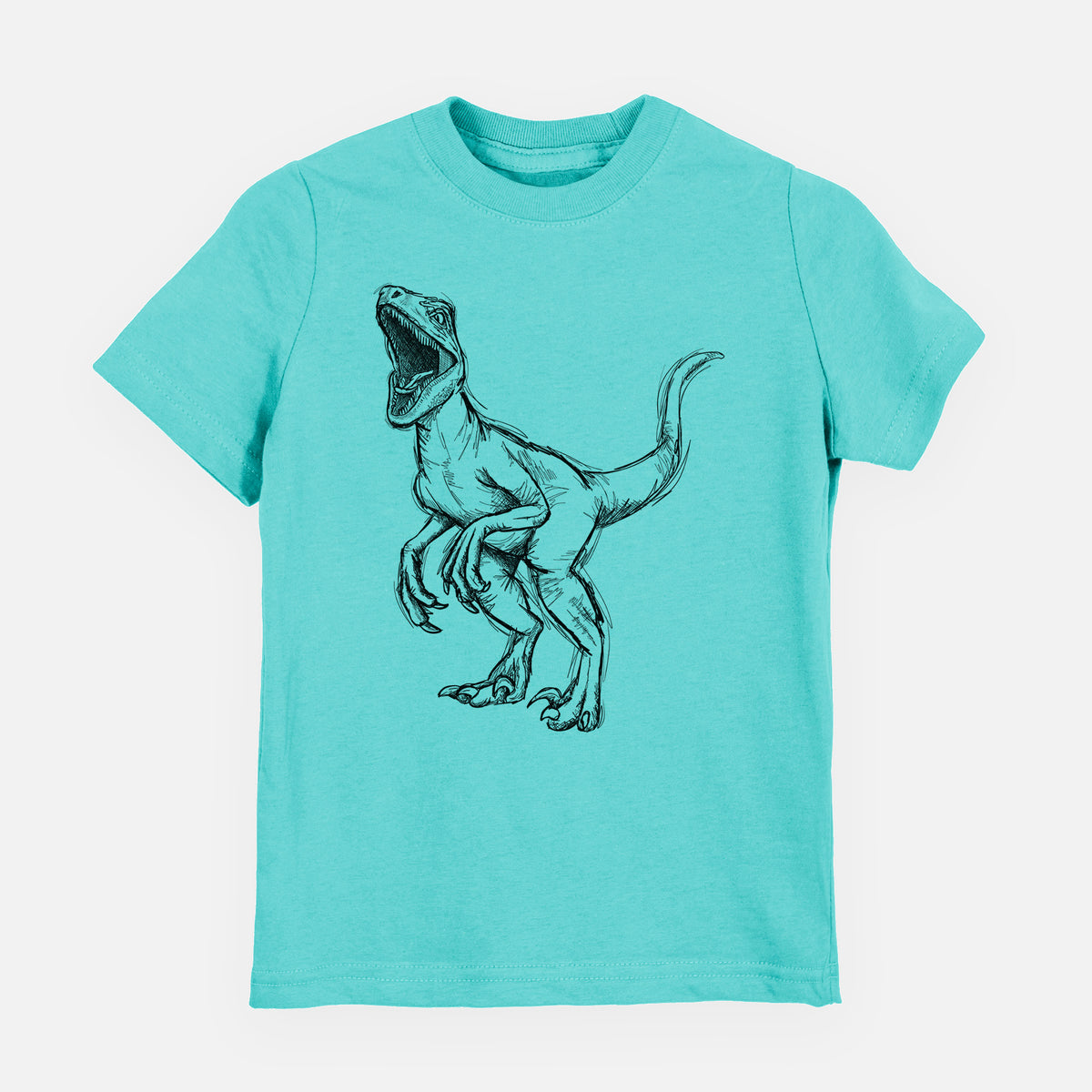Caribbean blue youth t-shirt laid flat, printed with a black ink illustration of a Velociraptor roaring.