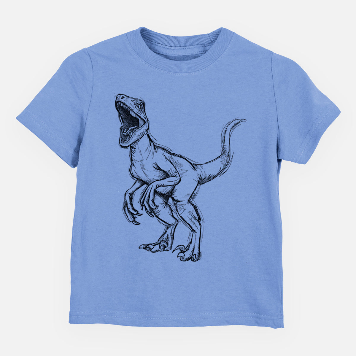 Carolina blue toddler t-shirt laid flat, printed with a black ink illustration of a Velociraptor roaring.