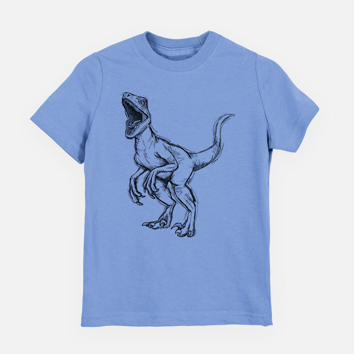 Carolina blue youth t-shirt laid flat, printed with a black ink illustration of a Velociraptor roaring.