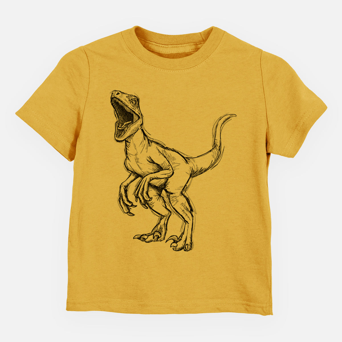 Honeycomb yellow toddler t-shirt laid flat, printed with a black ink illustration of a Velociraptor roaring.