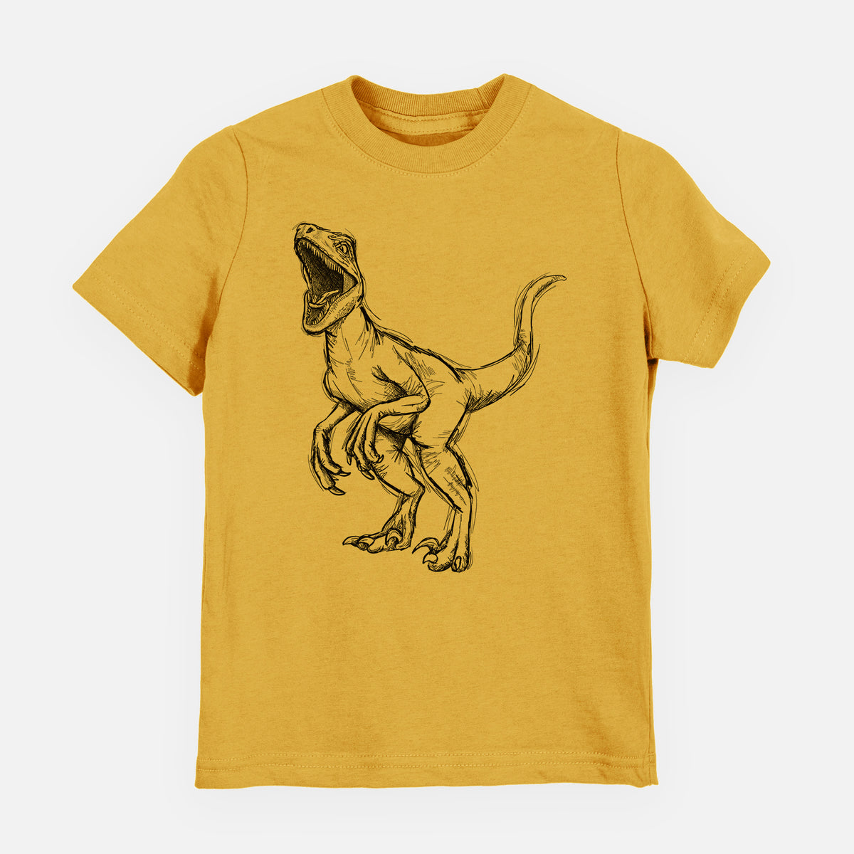 Honeycomb yellow youth t-shirt laid flat, printed with a black ink illustration of a Velociraptor roaring.