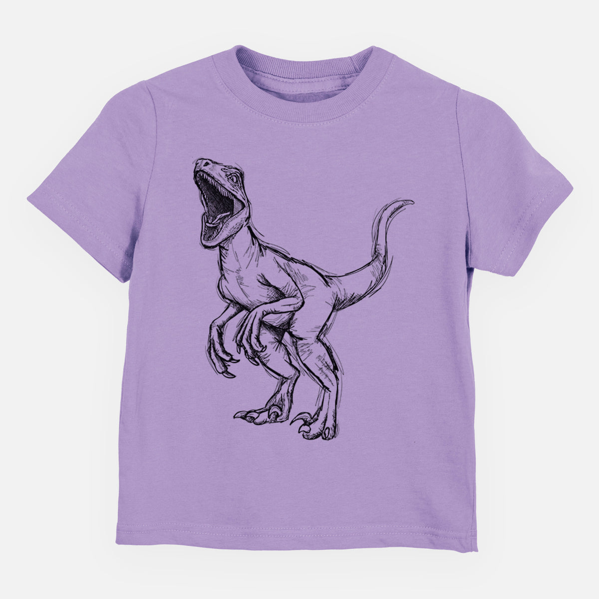 Lavender toddler t-shirt laid flat, printed with a black ink illustration of a Velociraptor roaring.