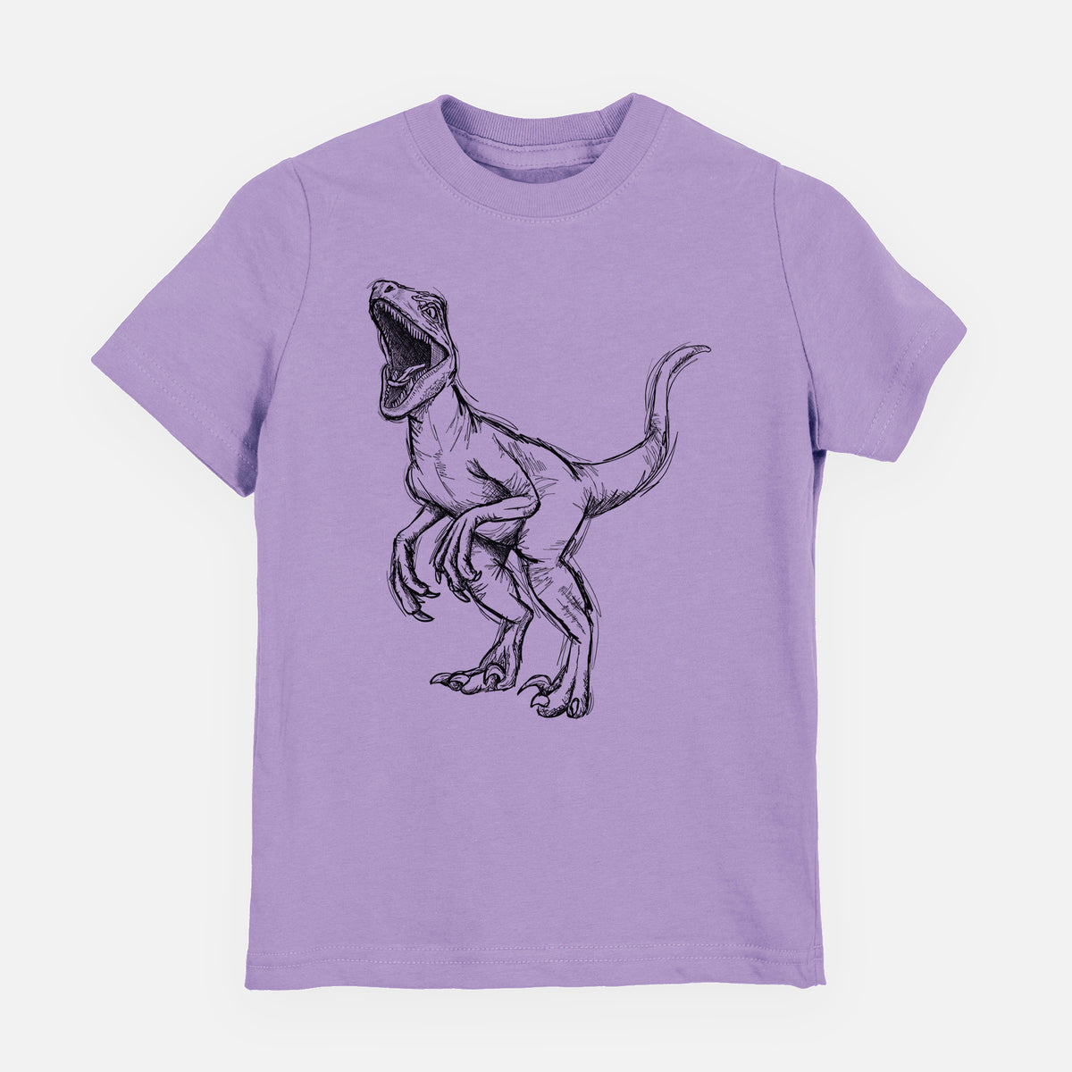Lavender youth t-shirt laid flat, printed with a black ink illustration of a Velociraptor roaring.
