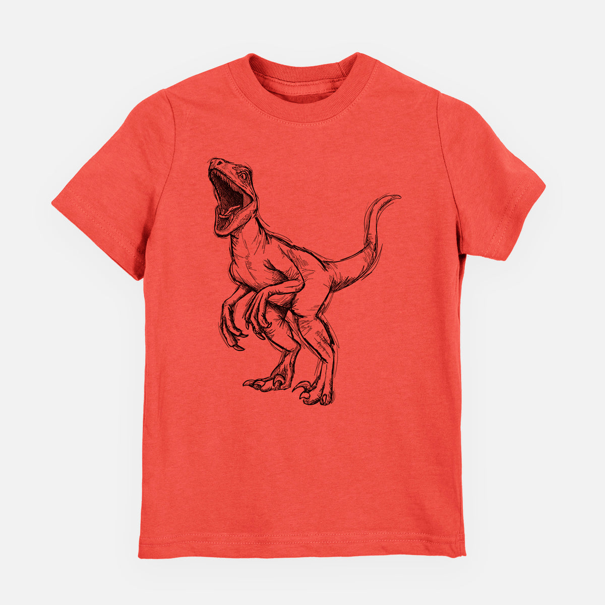Passionfruit pink youth t-shirt laid flat, printed with a black ink illustration of a Velociraptor roaring.