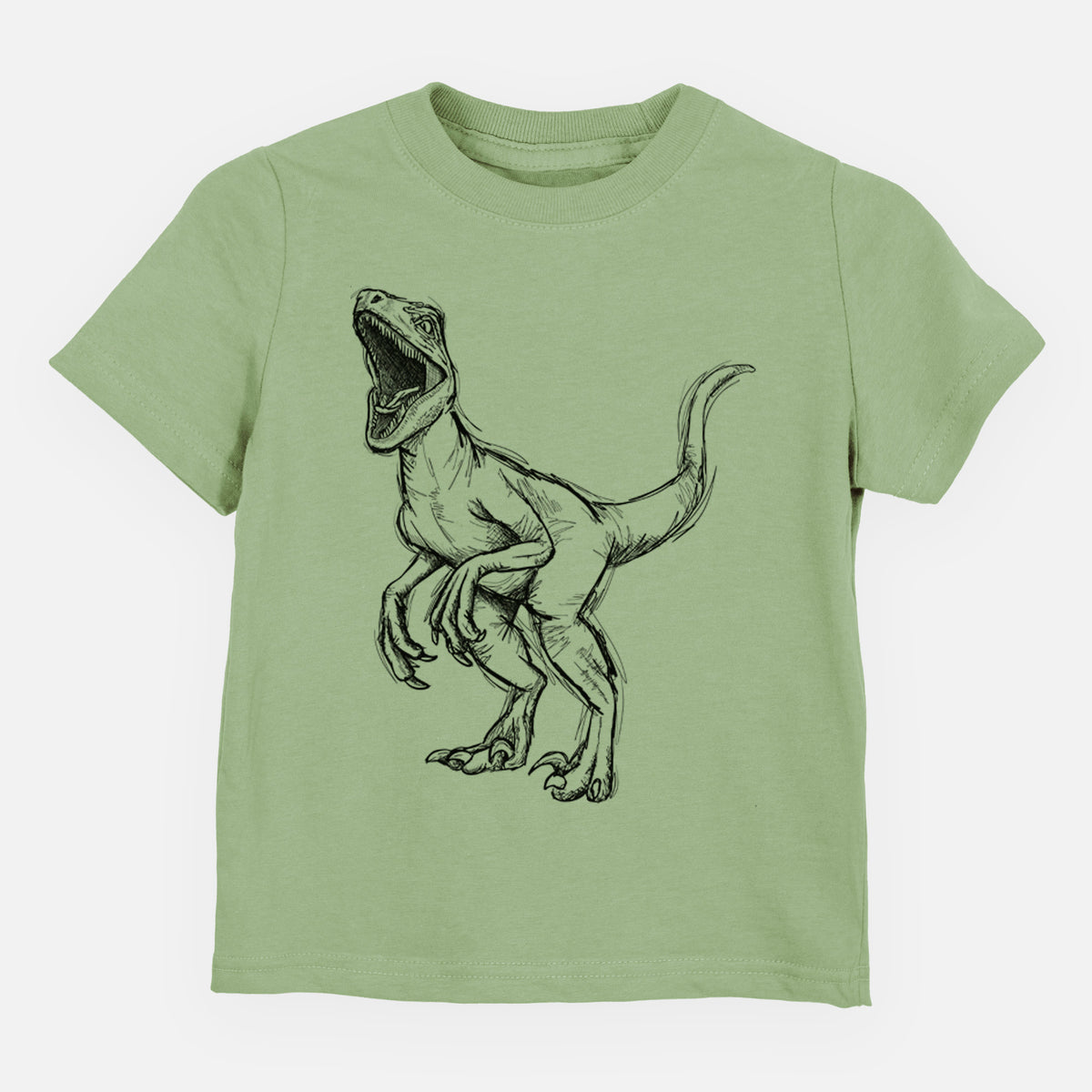 Sage green toddler t-shirt laid flat, printed with a black ink illustration of a Velociraptor roaring.