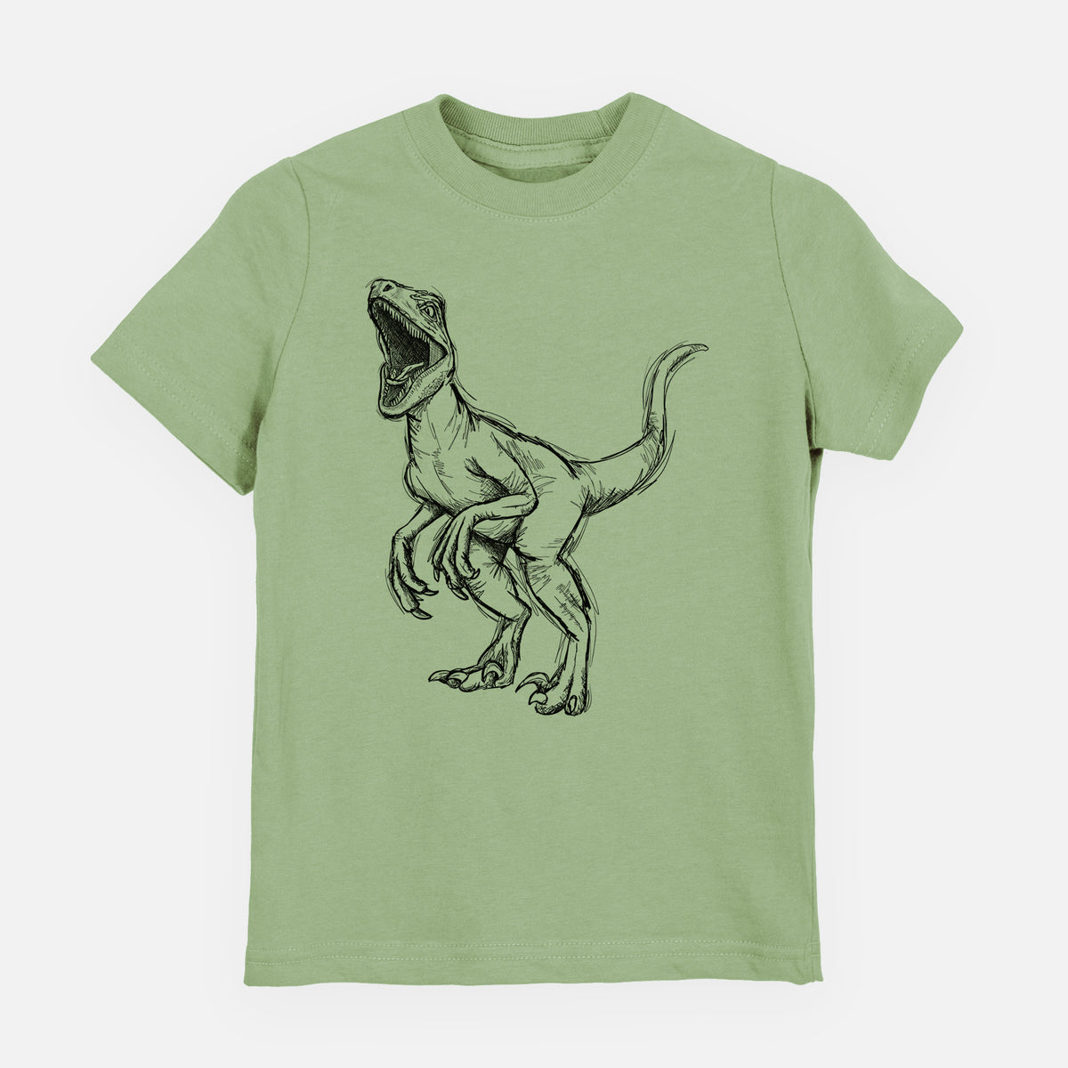 Sage green youth t-shirt laid flat, printed with a black ink illustration of a Velociraptor roaring.