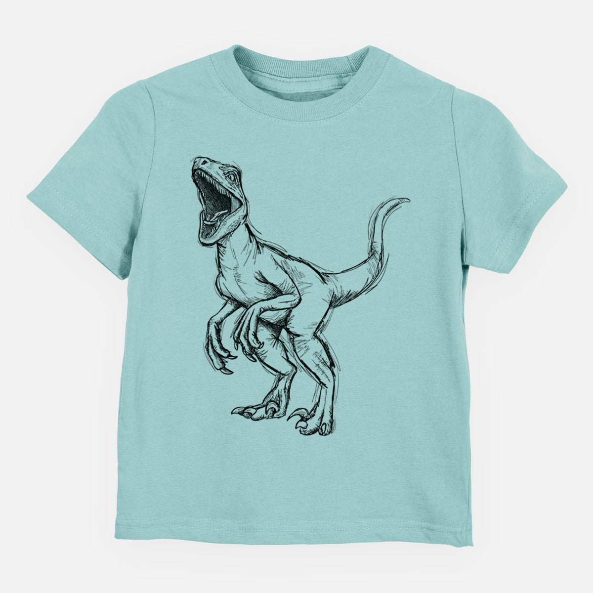 Saltwater toddler t-shirt laid flat, printed with a black ink illustration of a Velociraptor roaring.