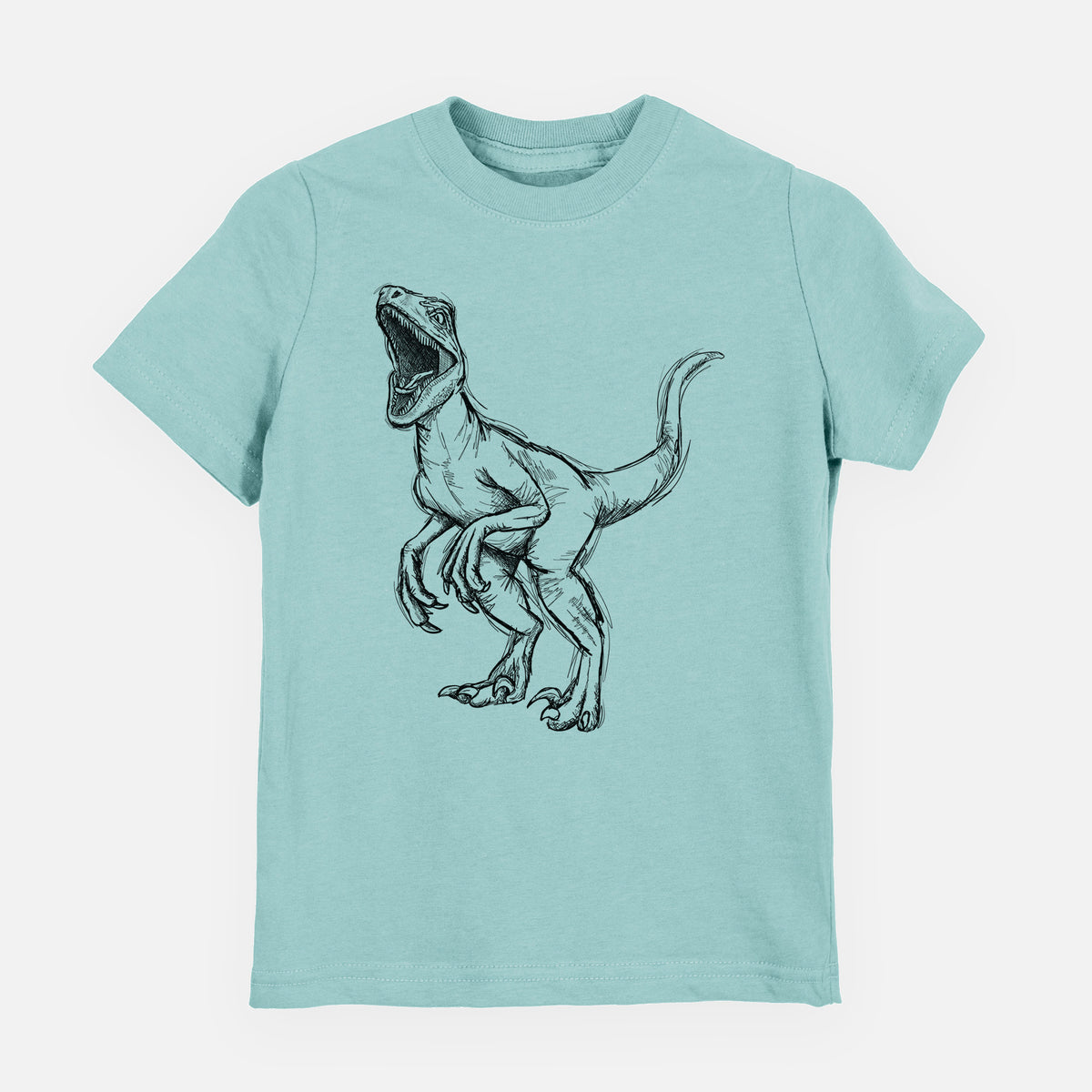 Saltwater youth t-shirt laid flat, printed with a black ink illustration of a Velociraptor roaring.