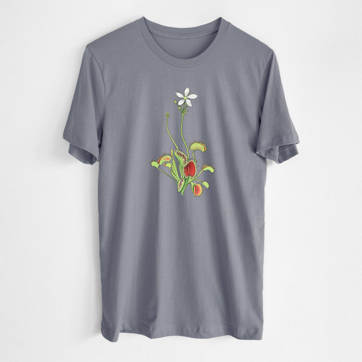 Storm grey lightweight cotton t-shirt laid flat, printed with a full-color illustration of a Venus flytrap plant with red traps and a small white flower.