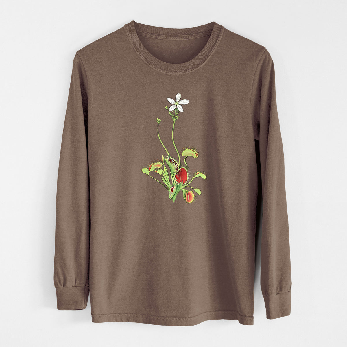 Espresso brown Comfort Colors long sleeve shirt laid flat, printed with a full-color illustration of a Venus flytrap plant with red traps and a small white flower.