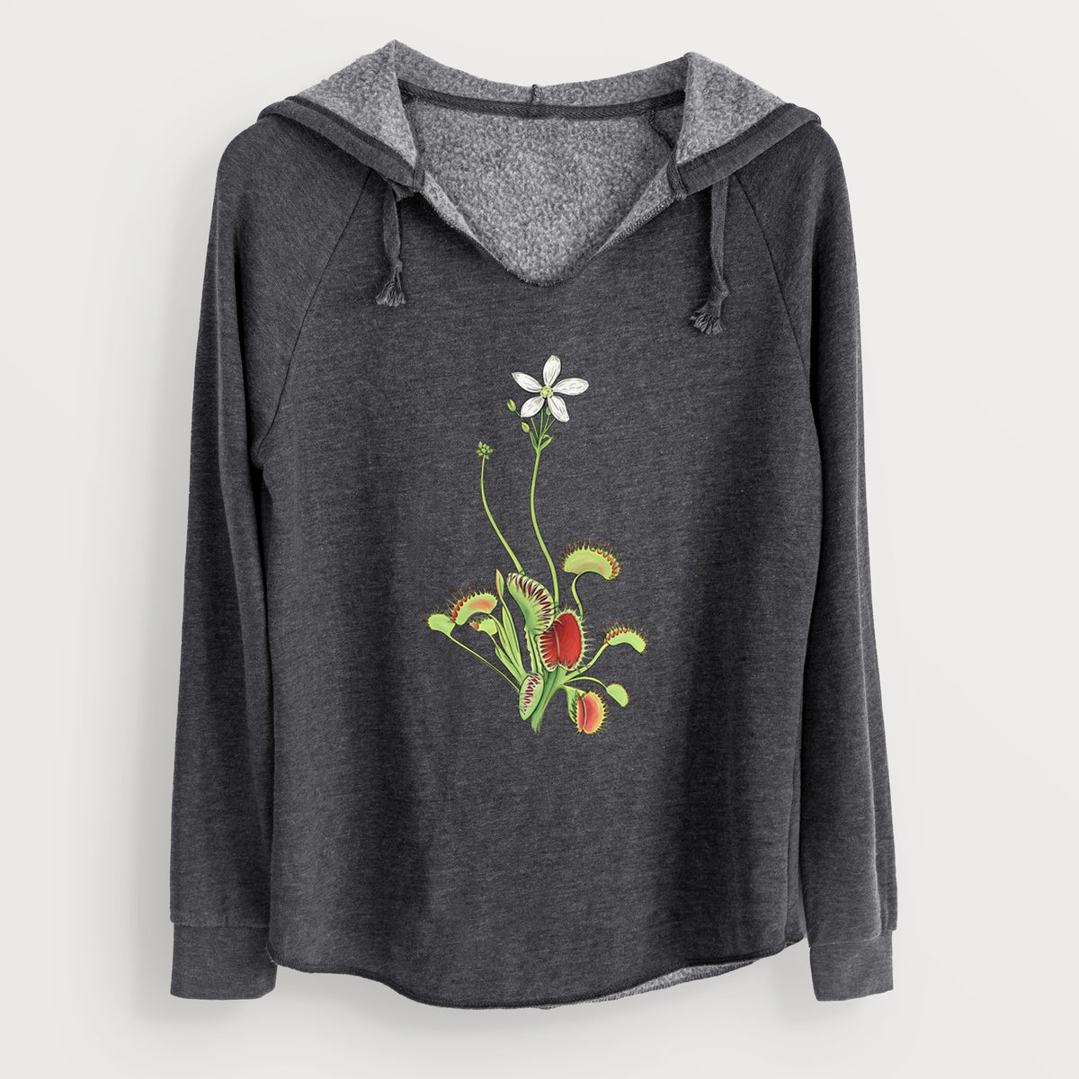 Charcoal grey women's Cali Wave hooded sweatshirt laid flat, printed with a full-color illustration of a Venus flytrap plant with red traps and a small white flower.