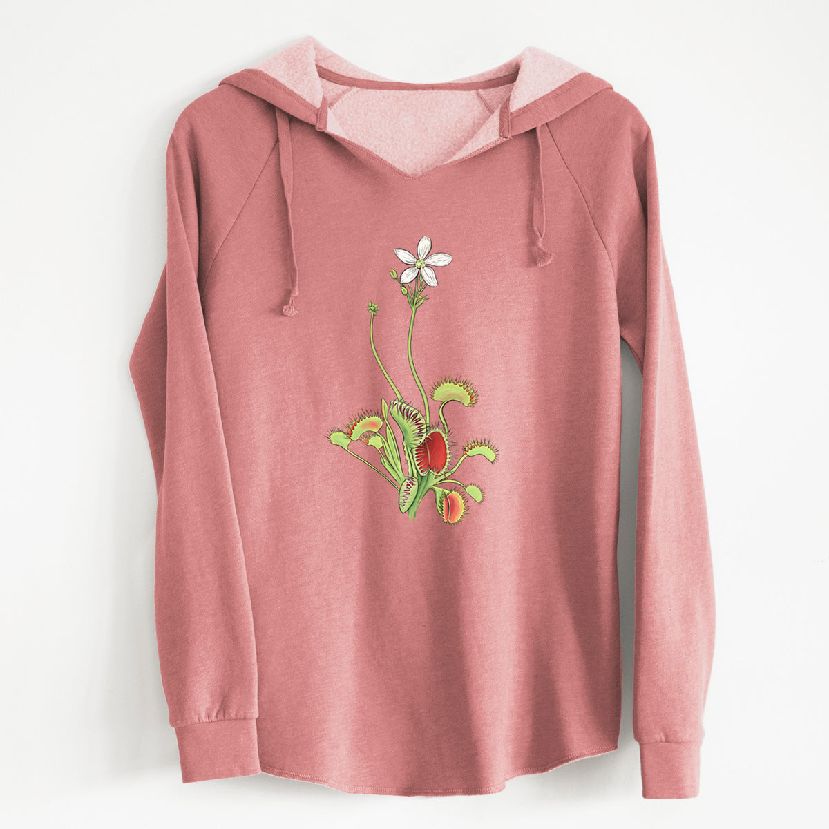 Dusty rose women's Cali Wave hooded sweatshirt laid flat, printed with a full-color illustration of a Venus flytrap plant with red traps and a small white flower.