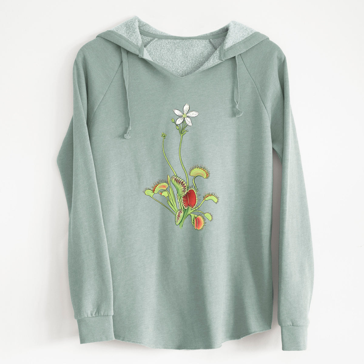 Sage green women's Cali Wave hooded sweatshirt laid flat, printed with a full-color illustration of a Venus flytrap plant with red traps and a small white flower.