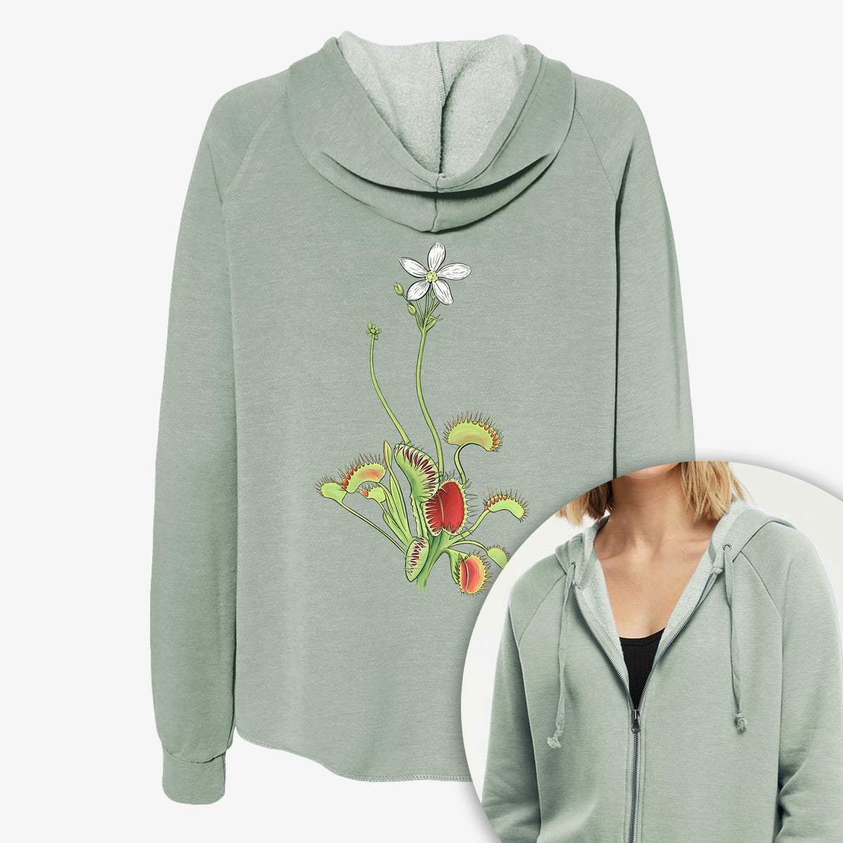 Women's Cali Wave zip-up sweatshirt printed with a full-color illustration of a Venus flytrap plant with red traps and a small white flower, with a close-up of the zipper.