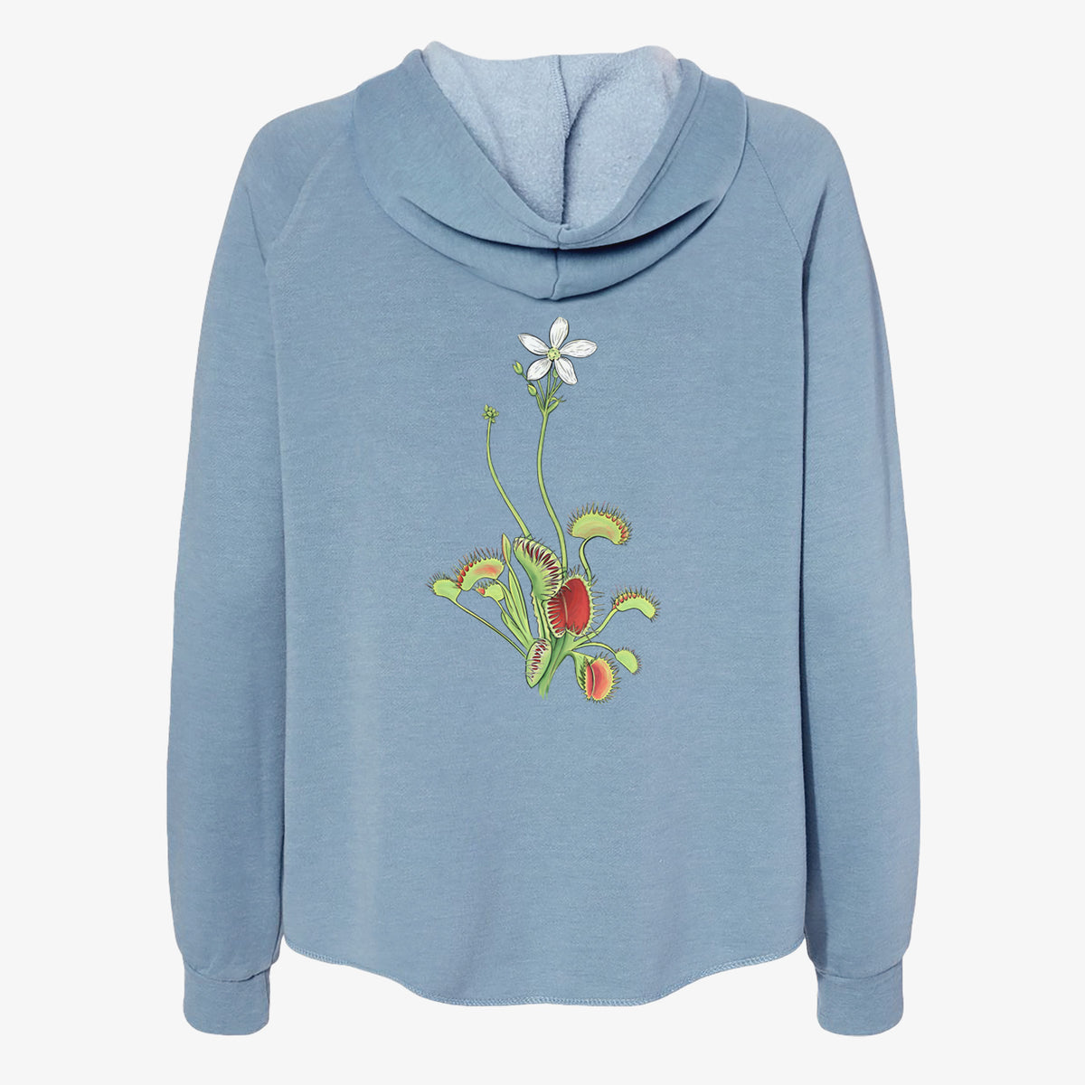 Misty blue women's Cali Wave zip-up sweatshirt laid flat, printed with a full-color illustration of a Venus flytrap plant with red traps and a small white flower.