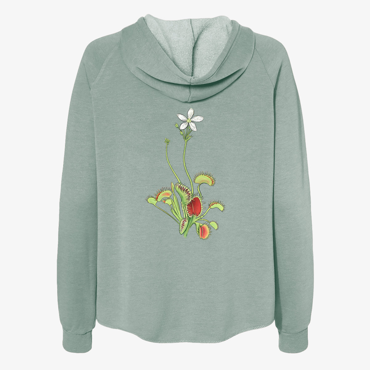 Sage green women's Cali Wave zip-up sweatshirt laid flat, printed with a full-color illustration of a Venus flytrap plant with red traps and a small white flower.
