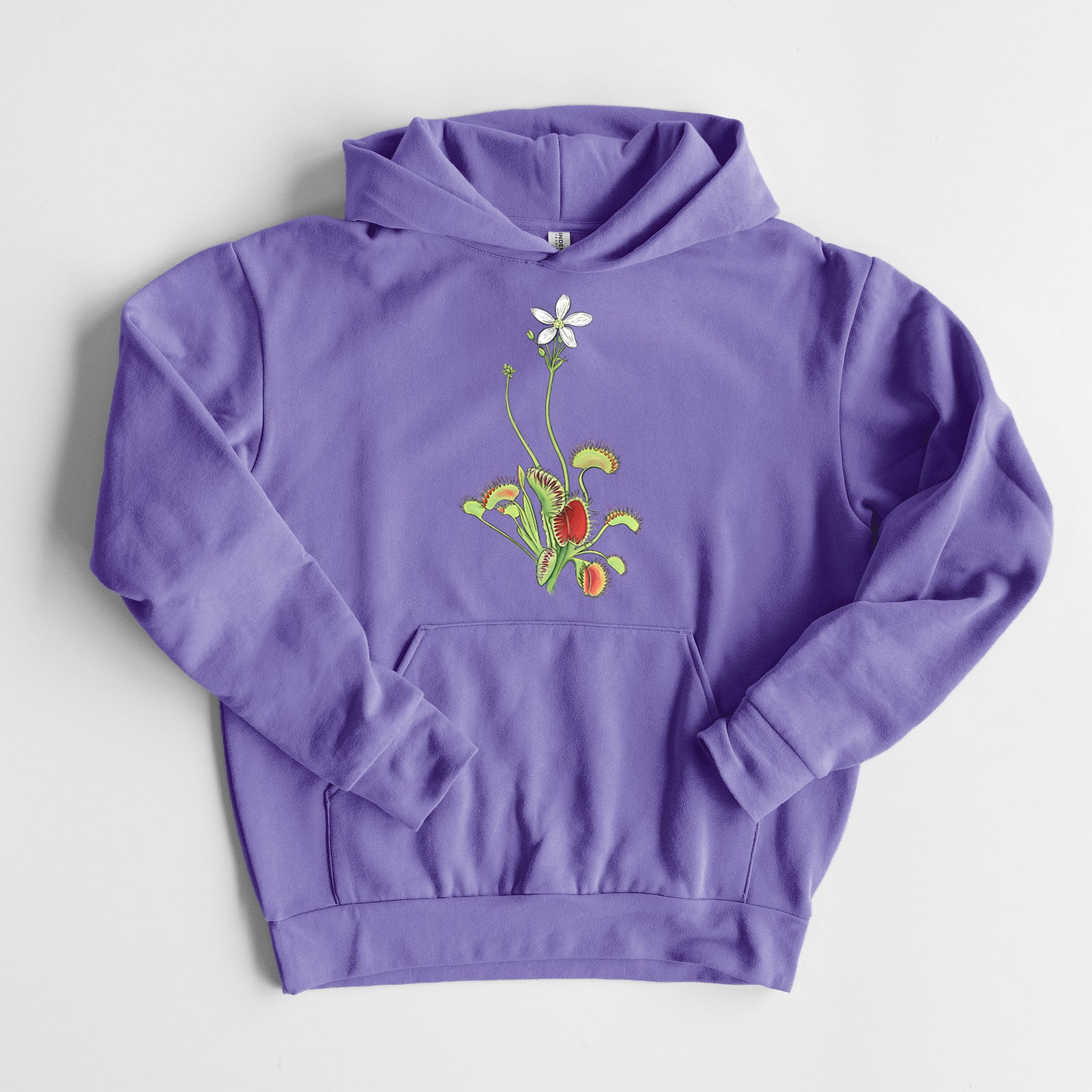 Colorful Carnivorous Venus Fly Trap - Statement Midweight Hoodie in Violet, laid flat, showing the oversized boxy fit and front kangaroo pocket.