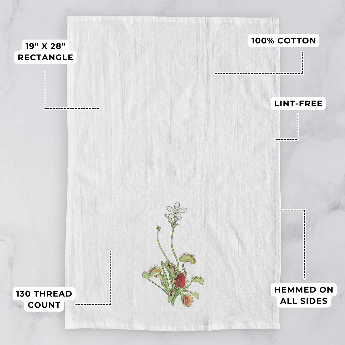 White tea towel printed with a full-color illustration of a Venus flytrap plant with red traps and a small white flower, with feature labels: 19 by 28 inch rectangle, 100% cotton, lint-free, 130 thread count, hemmed on all sides.