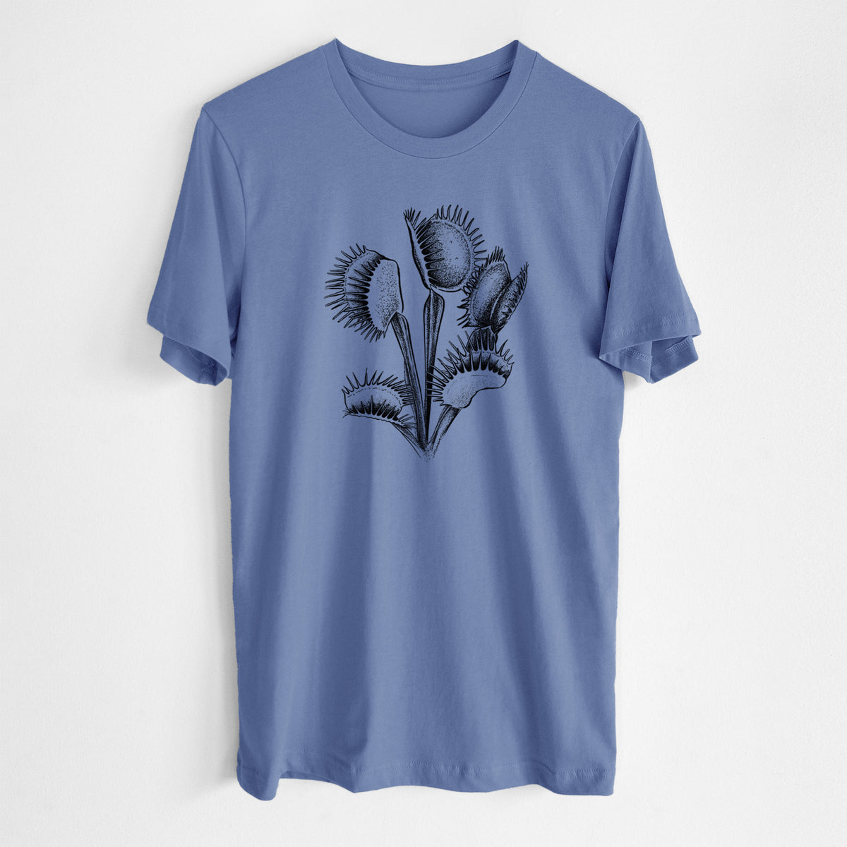 Blue bell lightweight cotton t-shirt laid flat, printed with a black ink illustration of a Venus flytrap plant with open traps.
