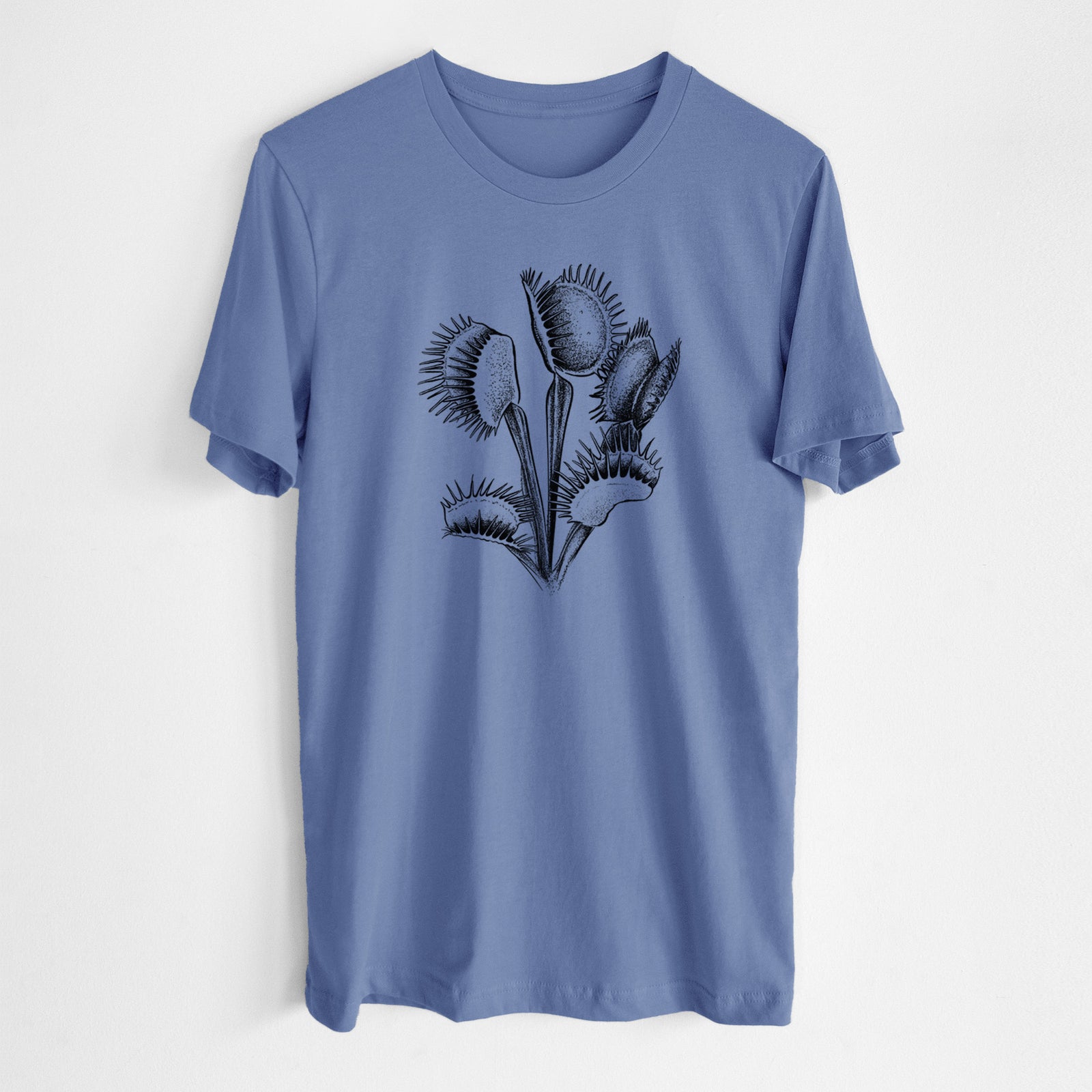 Blue bell lightweight cotton t-shirt laid flat, printed with a black ink illustration of a Venus flytrap plant with open traps.