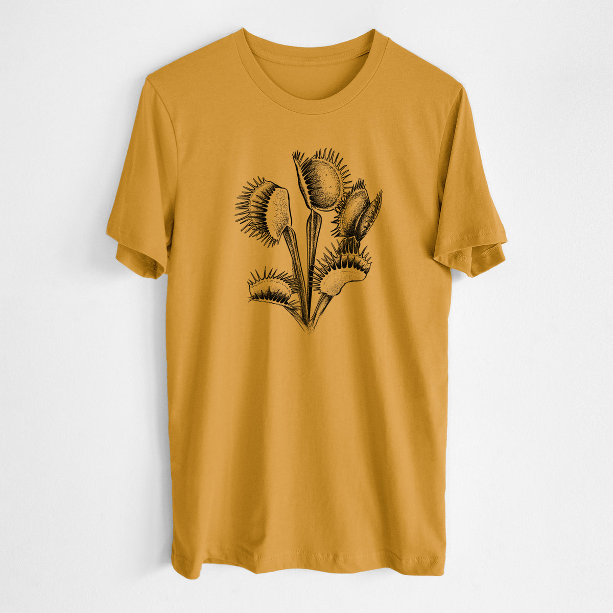 Honeycomb yellow lightweight cotton t-shirt laid flat, printed with a black ink illustration of a Venus flytrap plant with open traps.