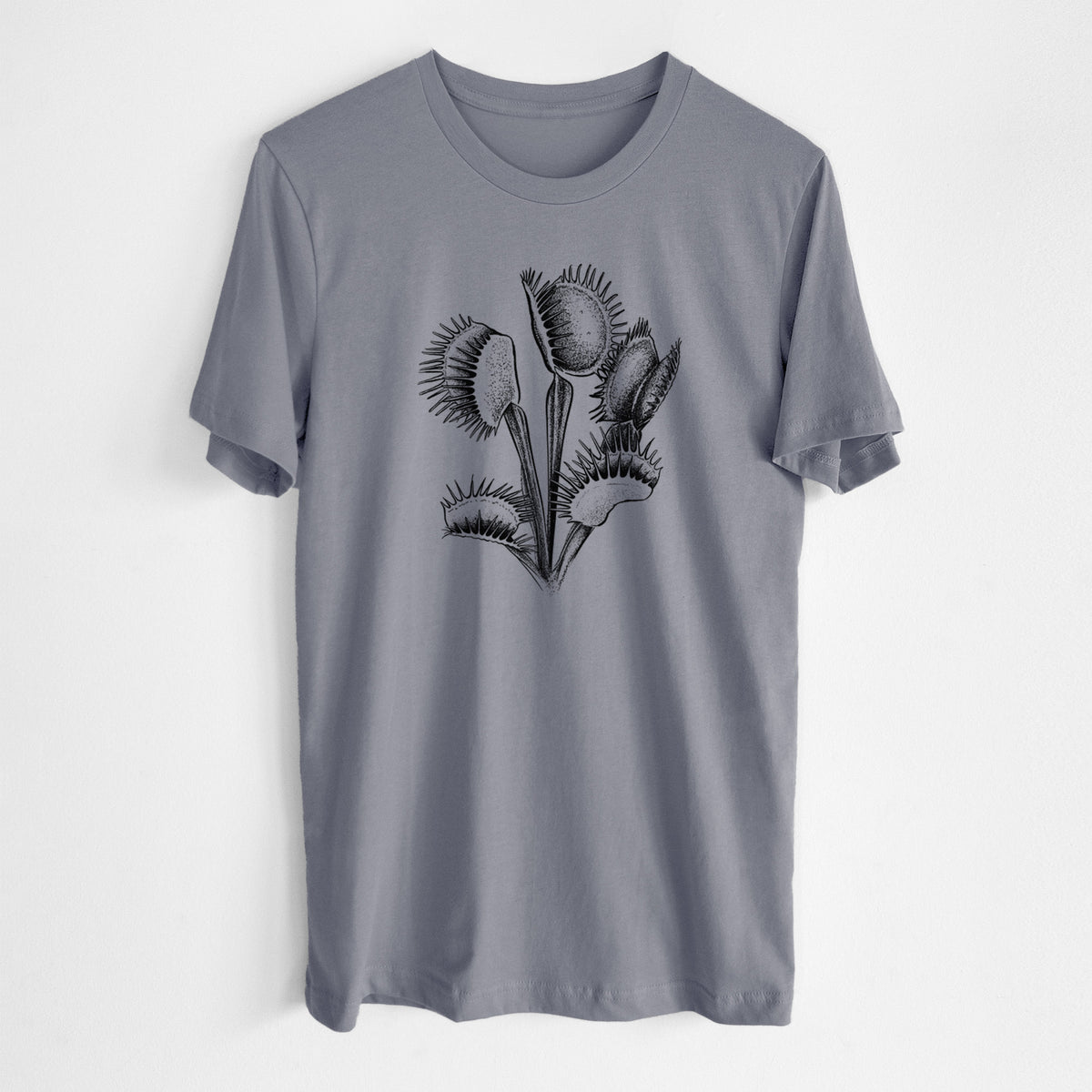 Storm grey lightweight cotton t-shirt laid flat, printed with a black ink illustration of a Venus flytrap plant with open traps.
