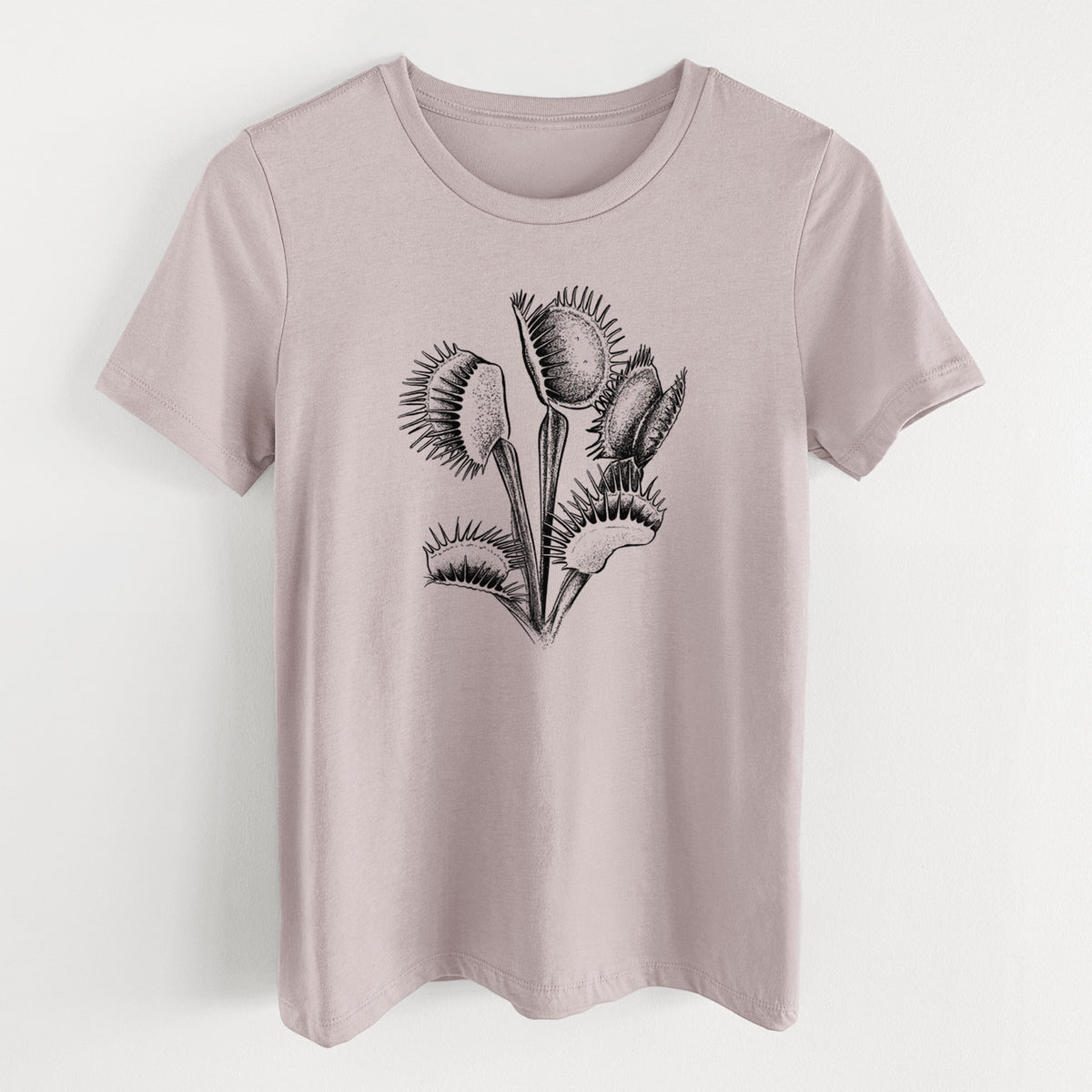 Pink gravel women's relaxed fit cotton t-shirt laid flat, printed with a black ink illustration of a Venus flytrap plant with open traps.