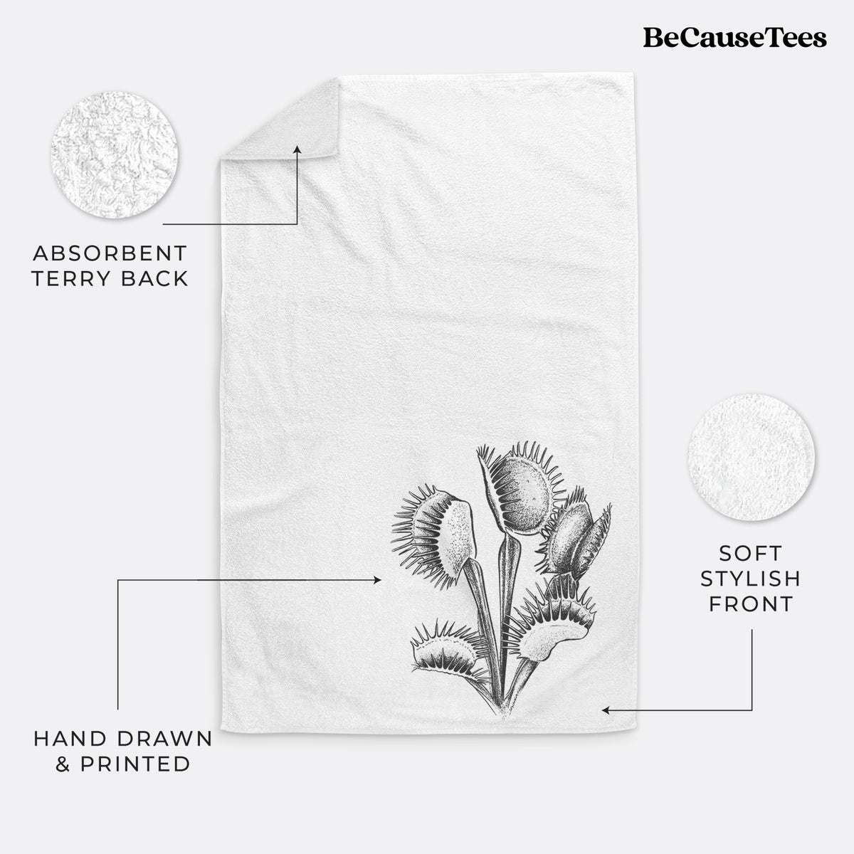 White hand towel printed with a black ink illustration of a Venus flytrap plant with open traps.