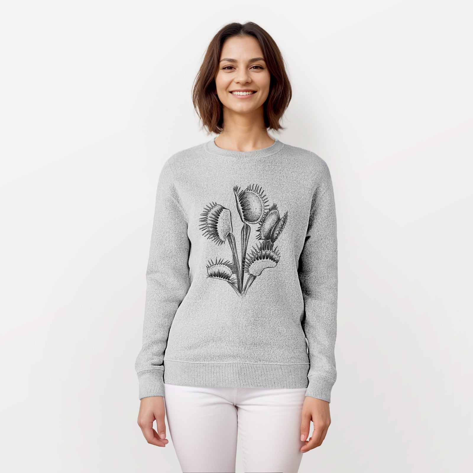 Salt and pepper knit sweatshirt laid flat, printed with a black ink illustration of a Venus flytrap plant with open traps.