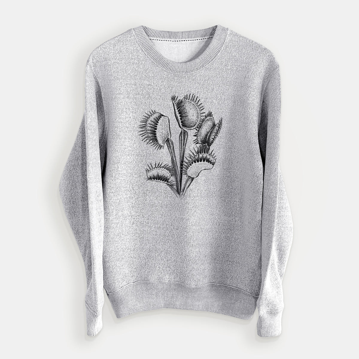 Salt and pepper knit sweatshirt laid flat, printed with a black ink illustration of a Venus flytrap plant with open traps.
