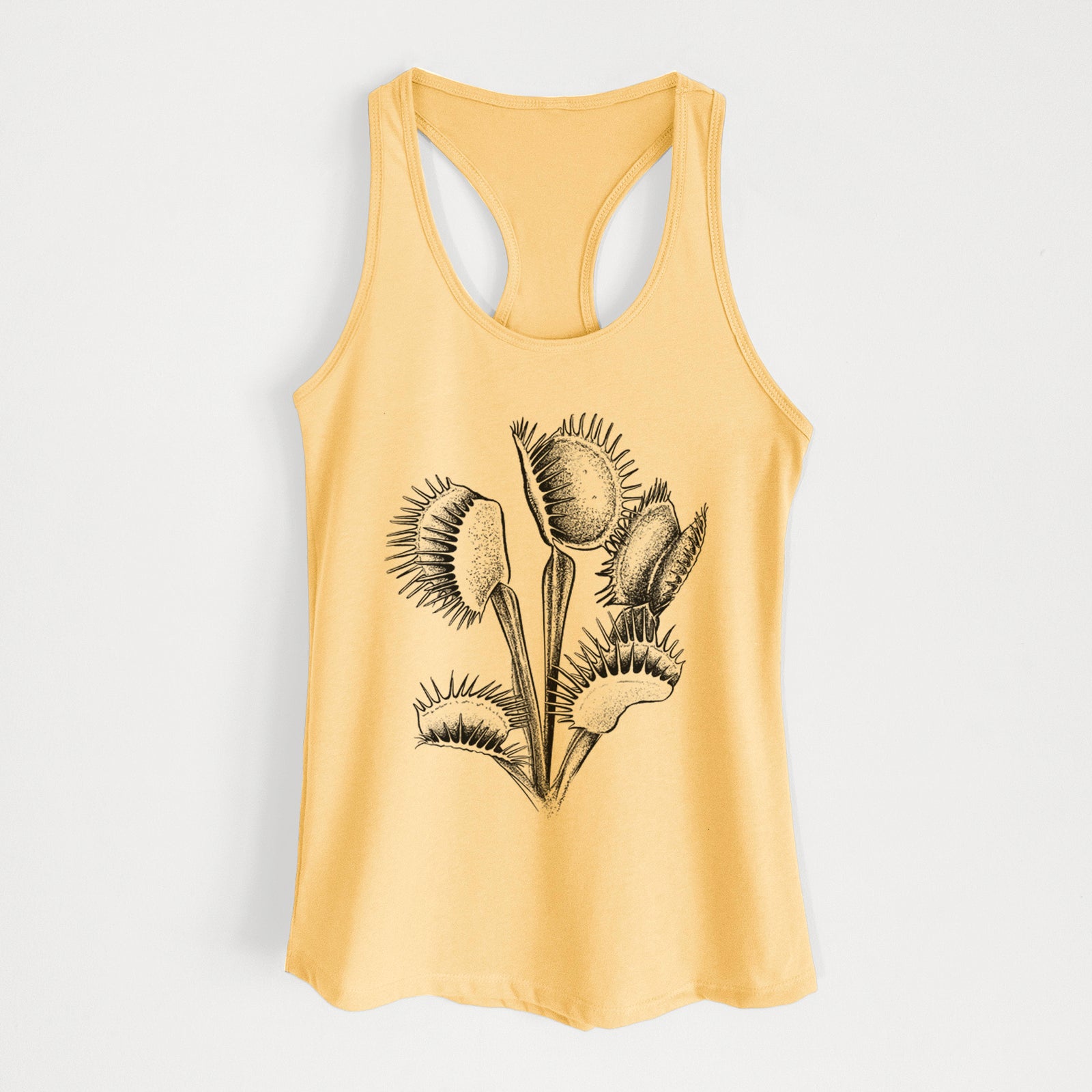 Banana cream women's racerback tank top laid flat, printed with a black ink illustration of a Venus flytrap plant with open traps.