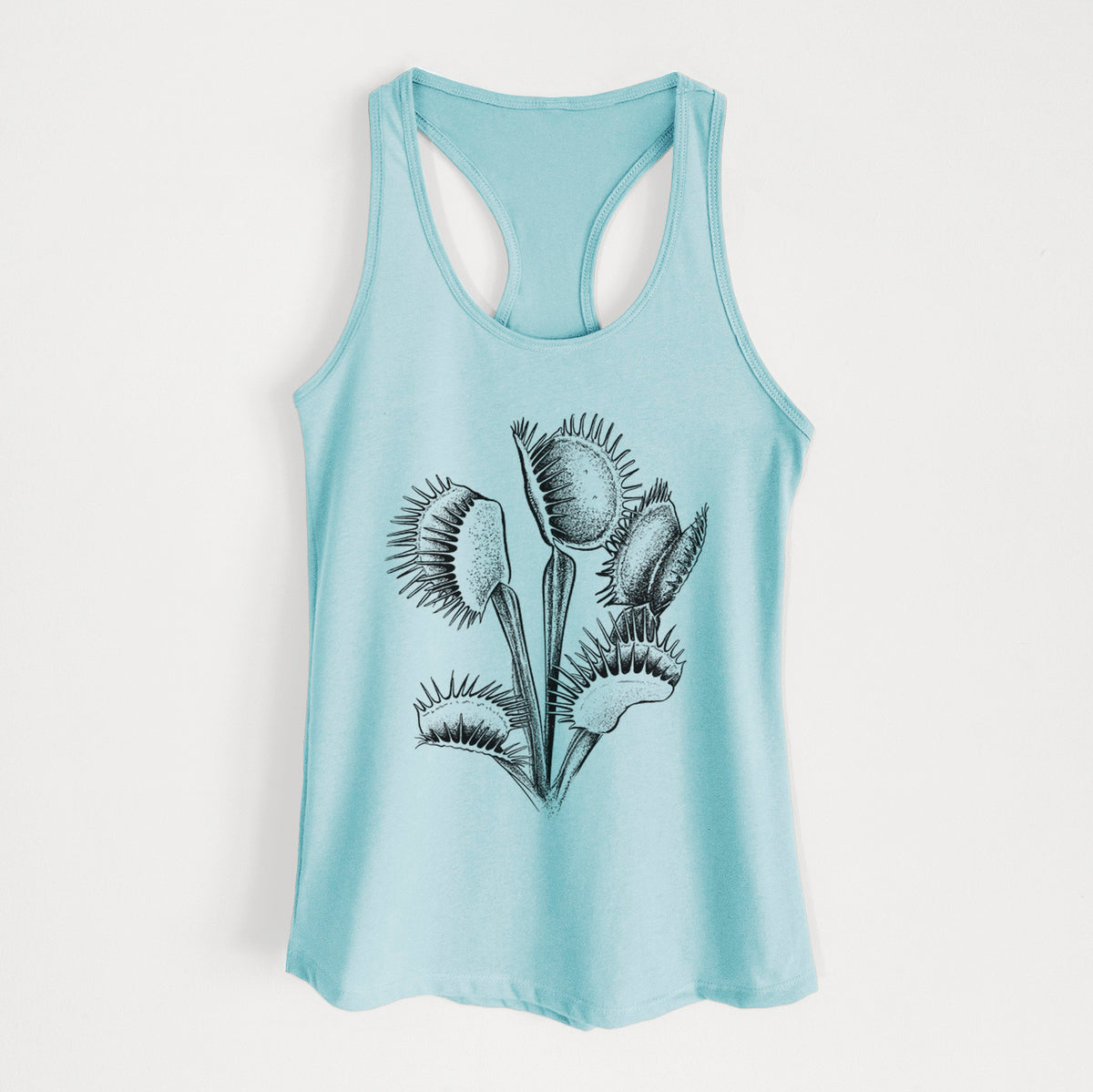 Cancun blue women's racerback tank top laid flat, printed with a black ink illustration of a Venus flytrap plant with open traps.