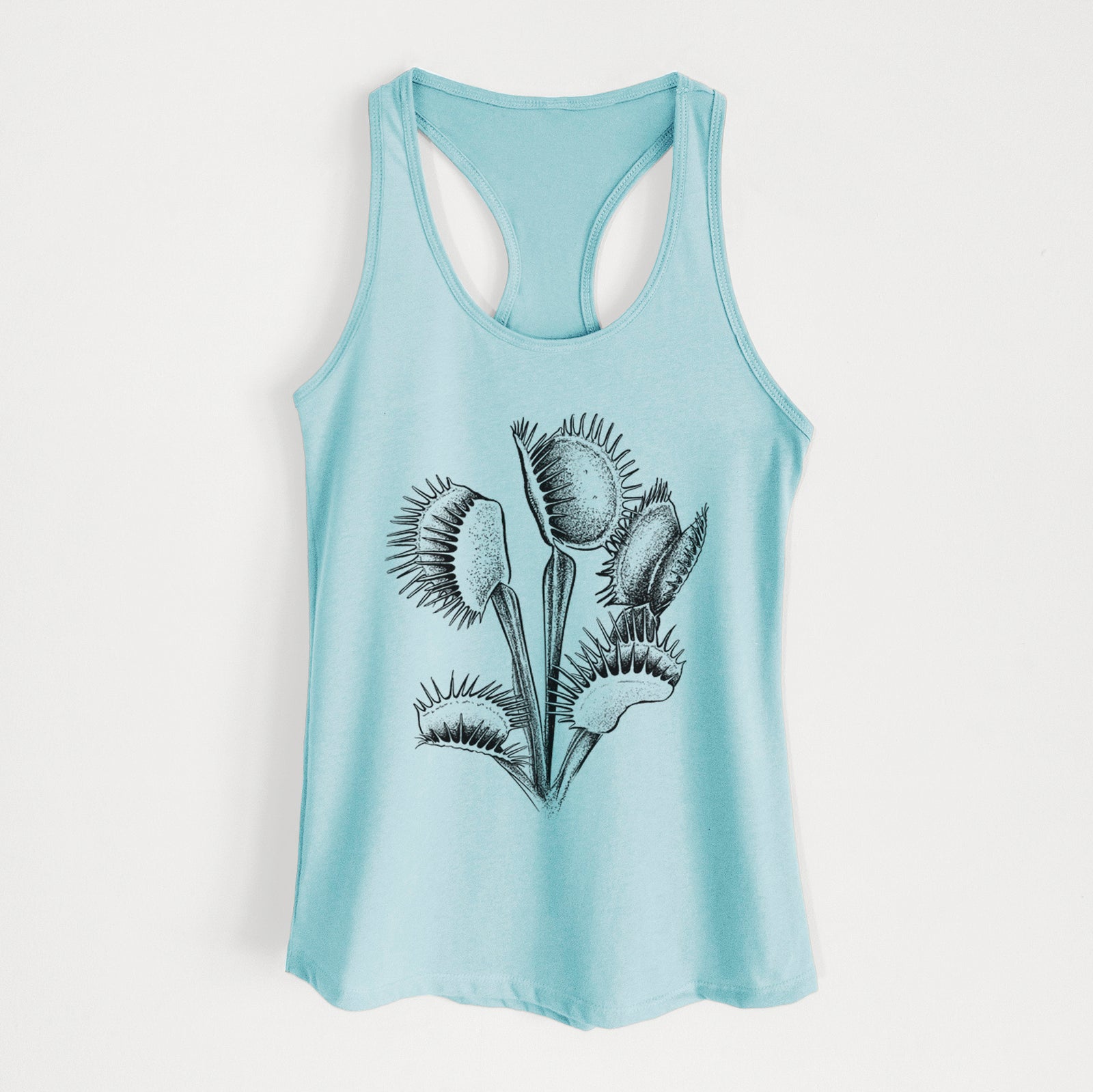 Banana cream women's racerback tank top laid flat, printed with a black ink illustration of a Venus flytrap plant with open traps.
