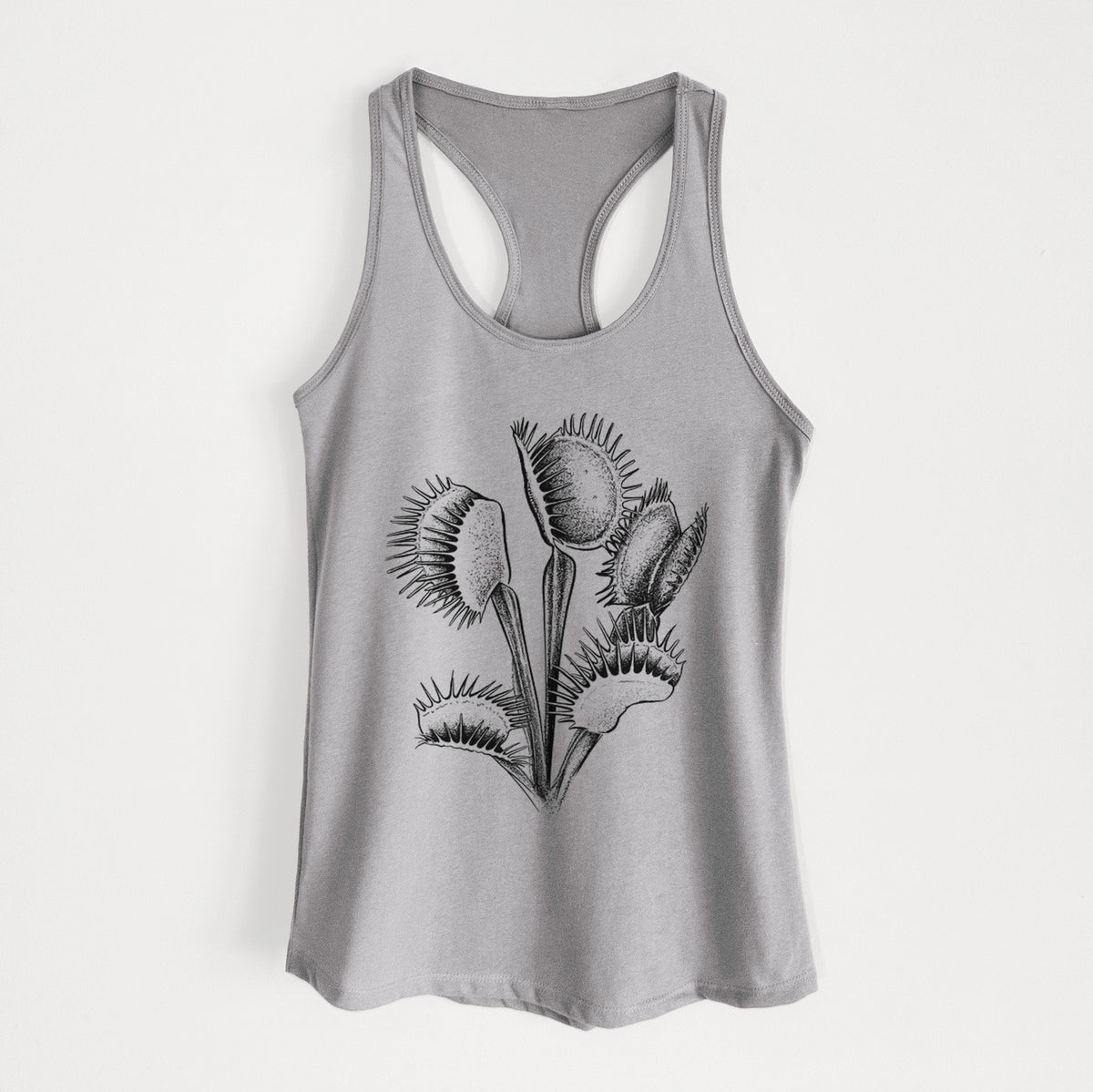 Heather grey women's racerback tank top laid flat, printed with a black ink illustration of a Venus flytrap plant with open traps.