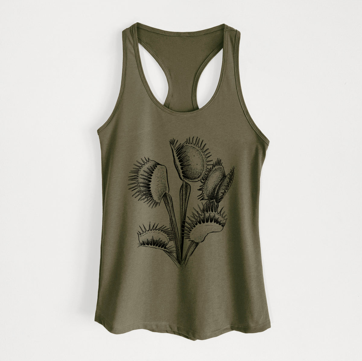 Military green women's racerback tank top laid flat, printed with a black ink illustration of a Venus flytrap plant with open traps.