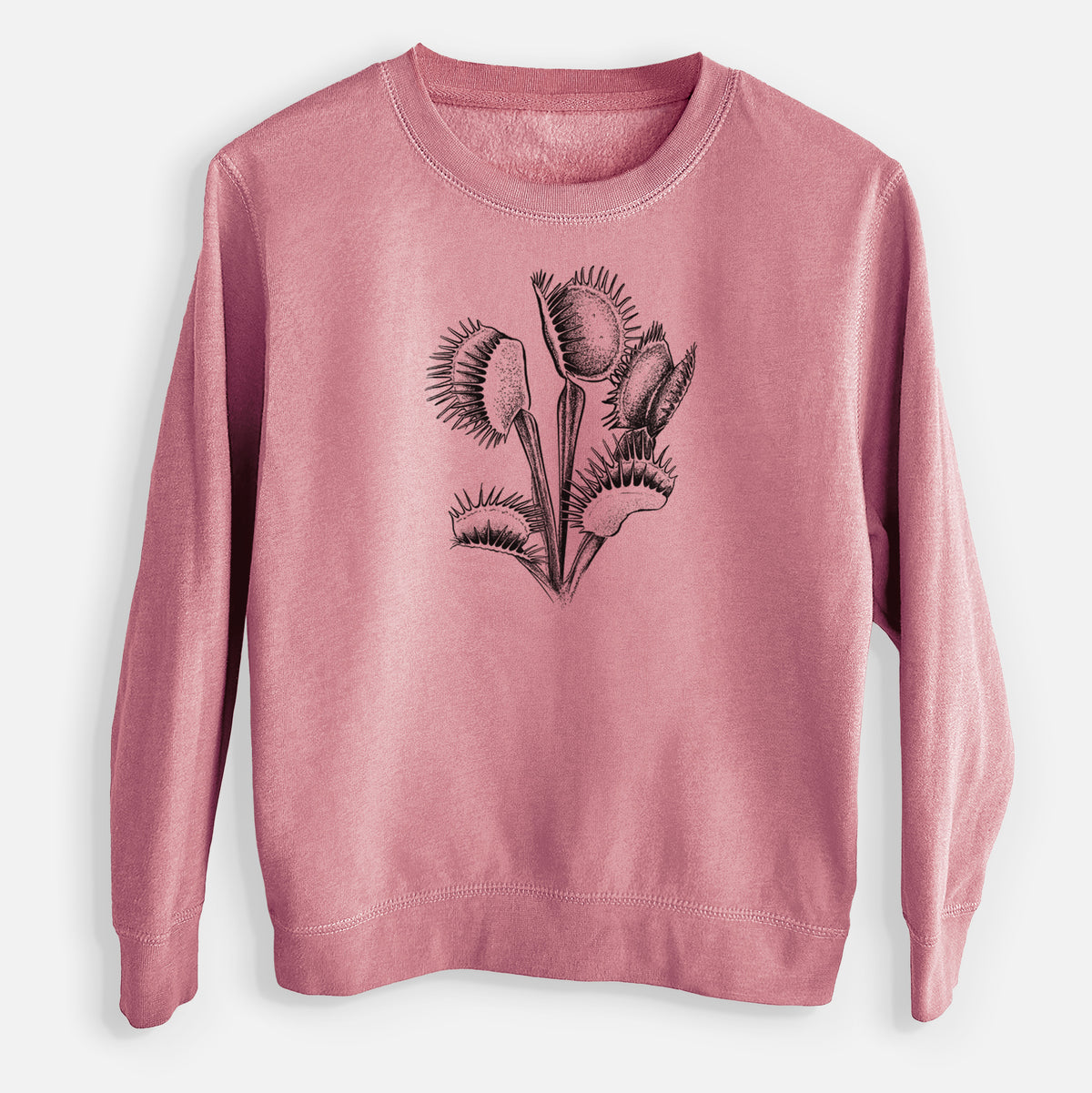 Mauve pink youth crewneck sweatshirt laid flat, printed with a black ink illustration of a Venus flytrap plant with open traps.