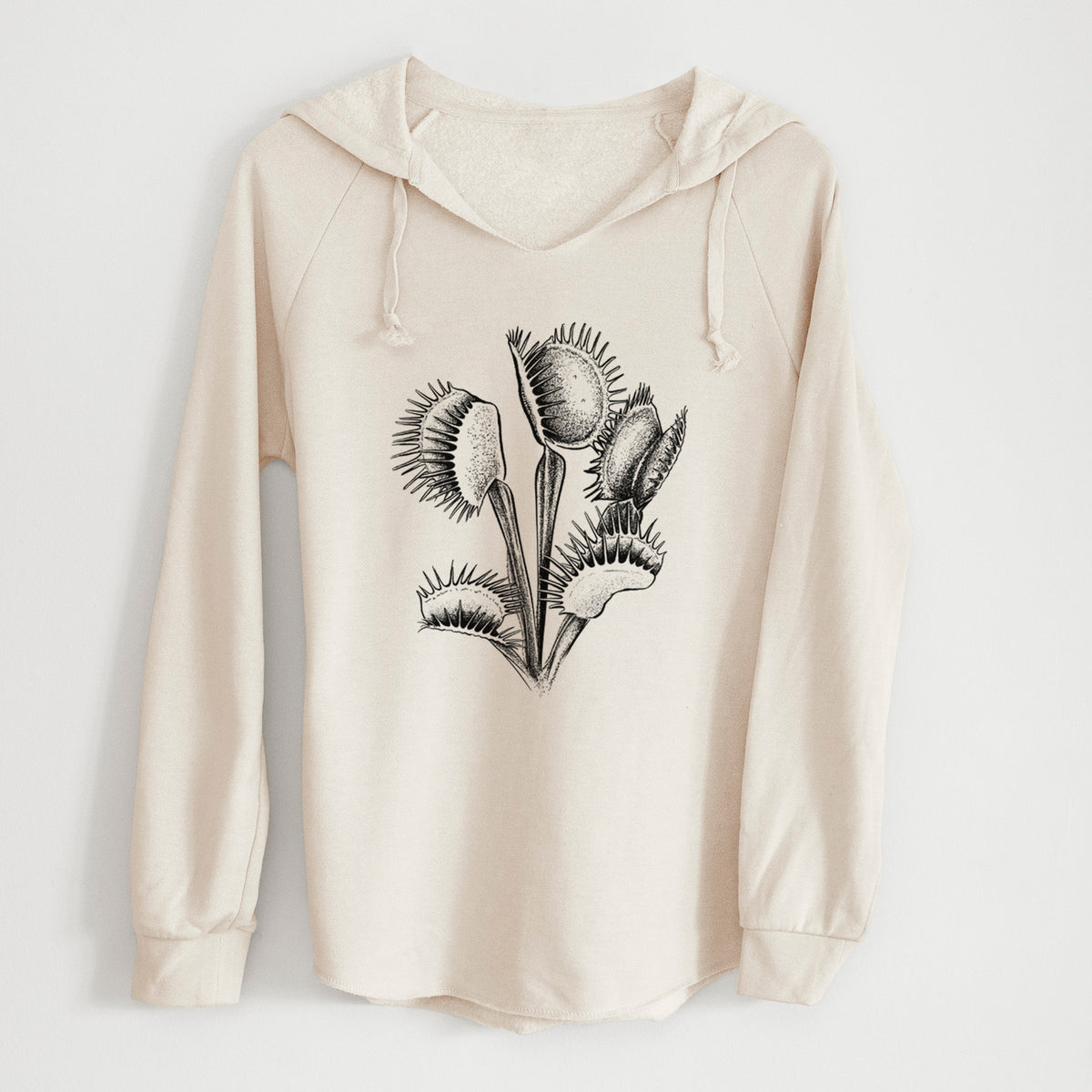 Bone cream women's Cali Wave hooded sweatshirt laid flat, printed with a black ink illustration of a Venus flytrap plant with open traps.