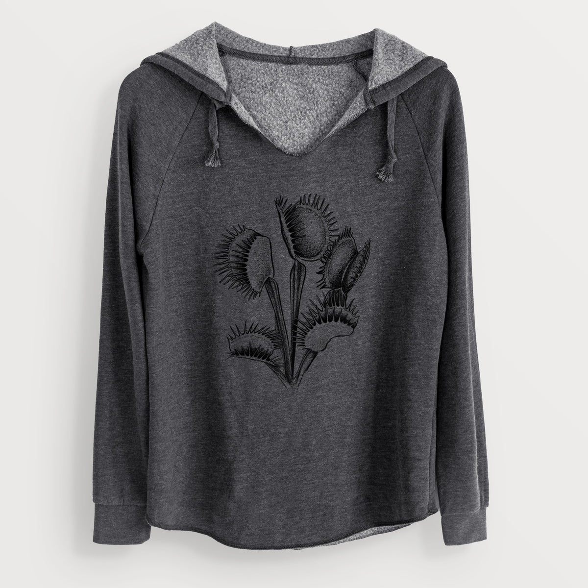 Charcoal grey women's Cali Wave hooded sweatshirt laid flat, printed with a black ink illustration of a Venus flytrap plant with open traps.