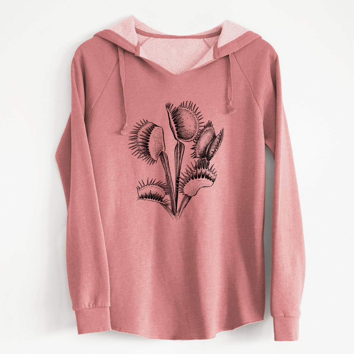 Dusty rose women's Cali Wave hooded sweatshirt laid flat, printed with a black ink illustration of a Venus flytrap plant with open traps.