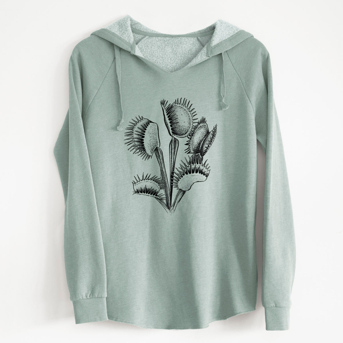 Sage green women's Cali Wave hooded sweatshirt laid flat, printed with a black ink illustration of a Venus flytrap plant with open traps.