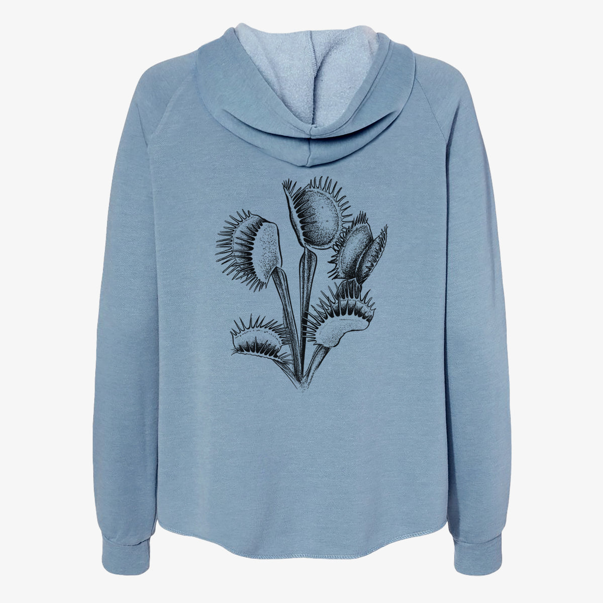 Misty blue women's Cali Wave zip-up sweatshirt laid flat, printed with a black ink illustration of a Venus flytrap plant with open traps.