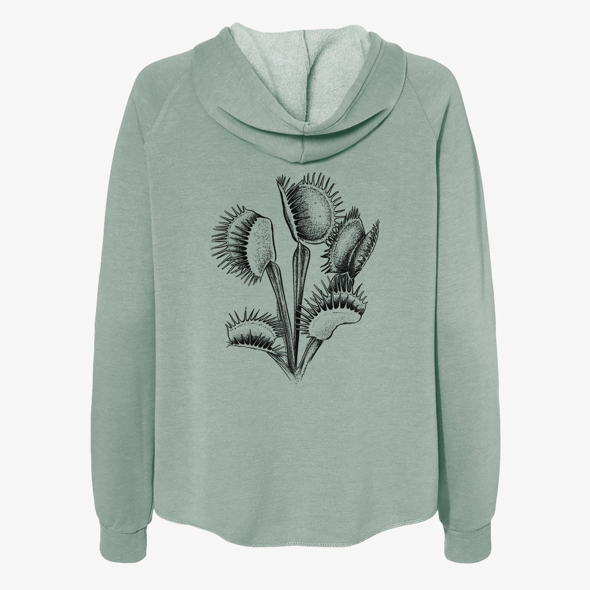 Sage green women's Cali Wave zip-up sweatshirt laid flat, printed with a black ink illustration of a Venus flytrap plant with open traps.