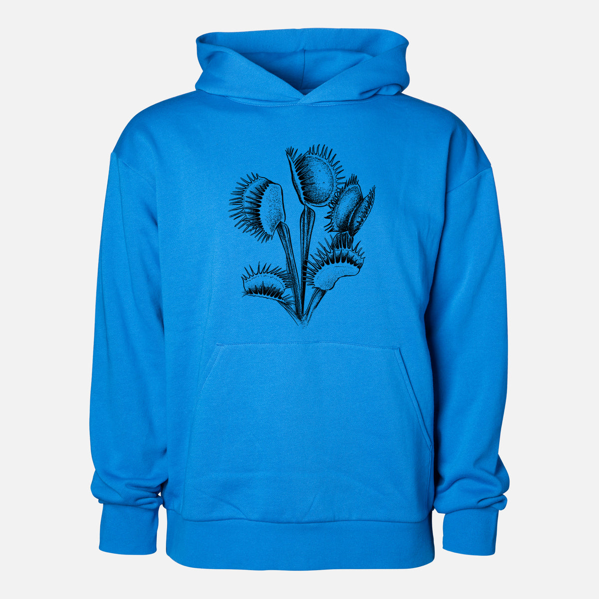 Venus Fly Trap - Dionaea muscipula - Statement Midweight Hoodie in Azure Blue, shown from the front with the design printed on the chest above a front kangaroo pocket.