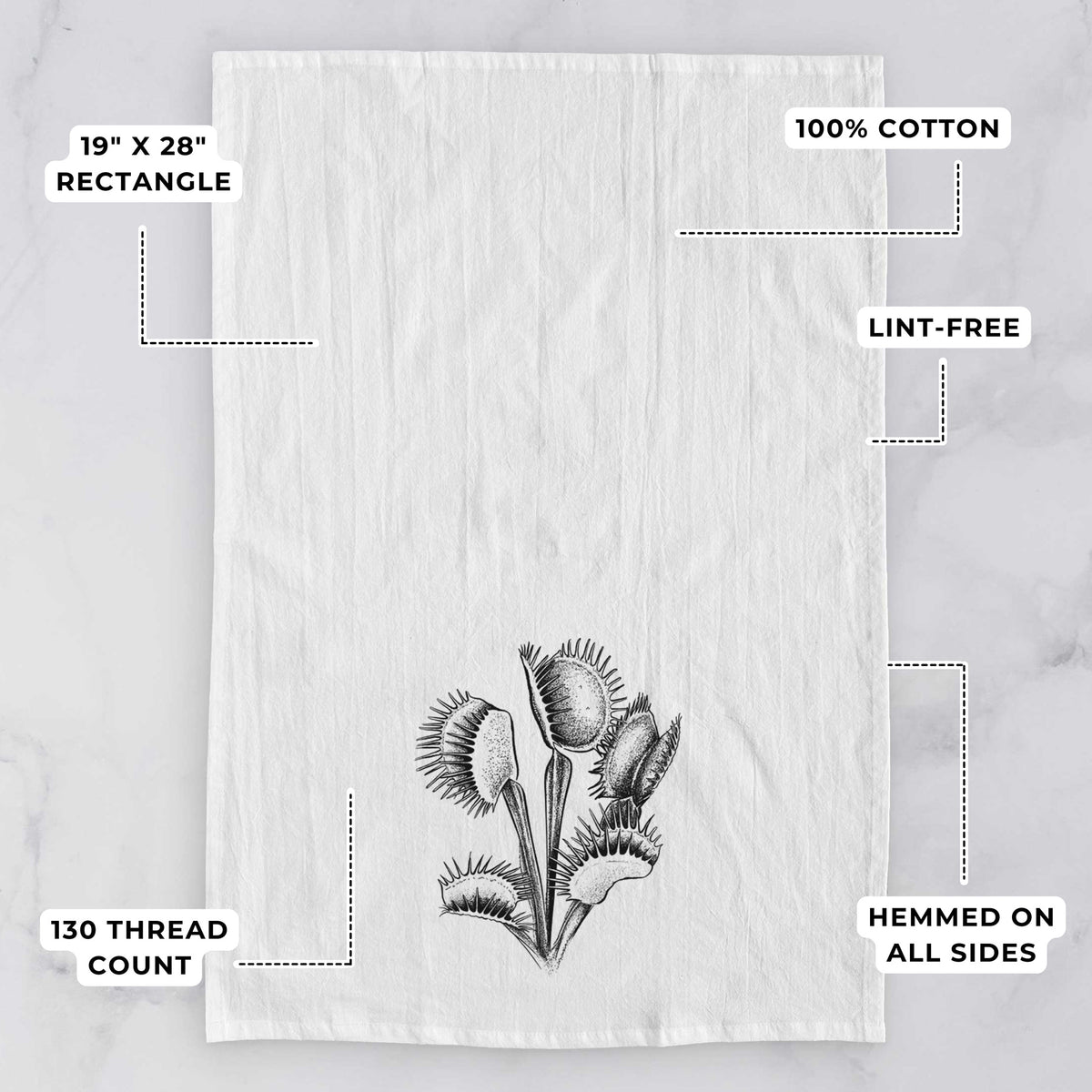 White tea towel printed with a black ink illustration of a Venus flytrap plant with open traps, with feature labels: 19 by 28 inch rectangle, 100% cotton, lint-free, 130 thread count, hemmed on all sides.