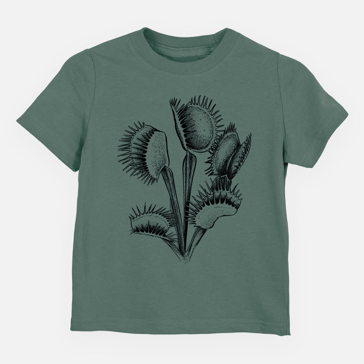 Basil green toddler t-shirt laid flat, printed with a black ink illustration of a Venus flytrap plant with open traps.
