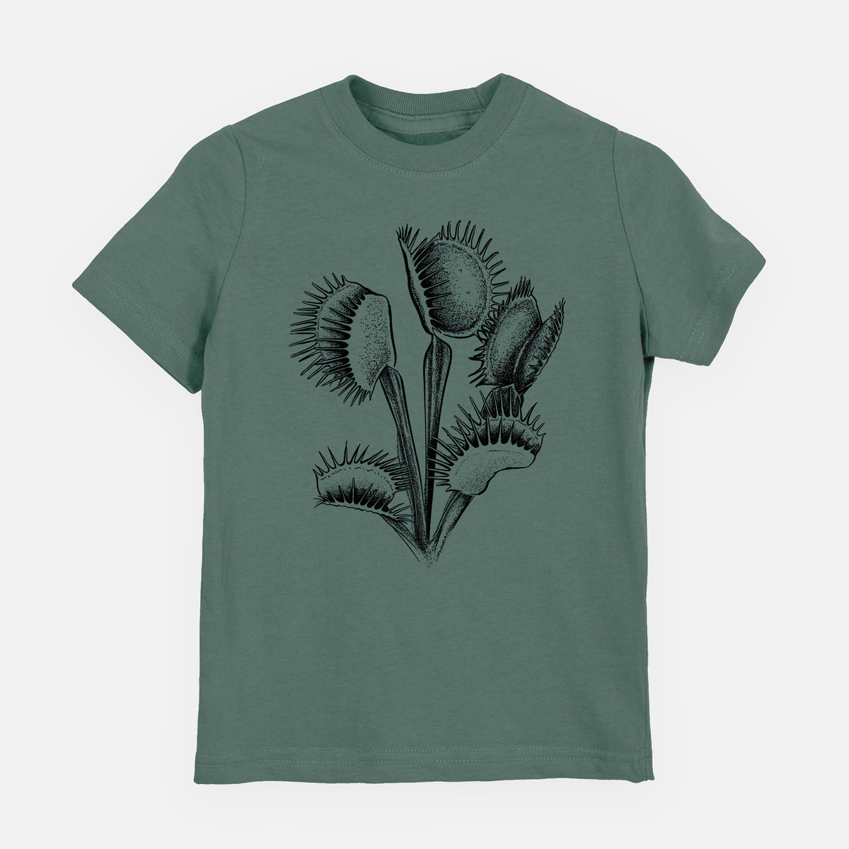 Basil green youth t-shirt laid flat, printed with a black ink illustration of a Venus flytrap plant with open traps.