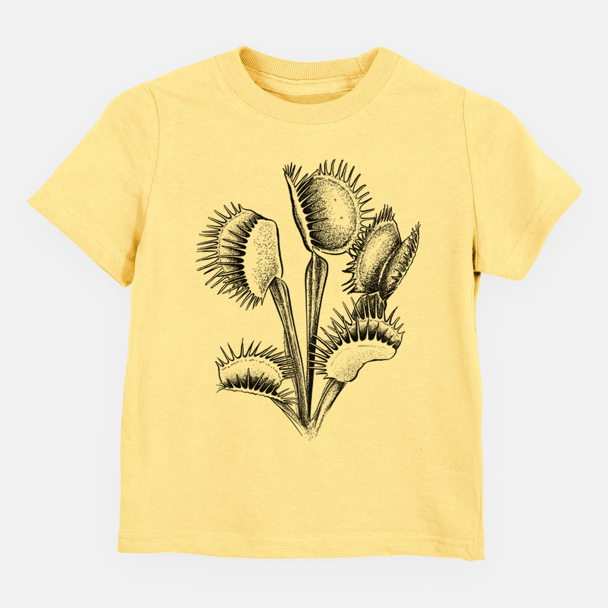 Butter yellow toddler t-shirt laid flat, printed with a black ink illustration of a Venus flytrap plant with open traps.