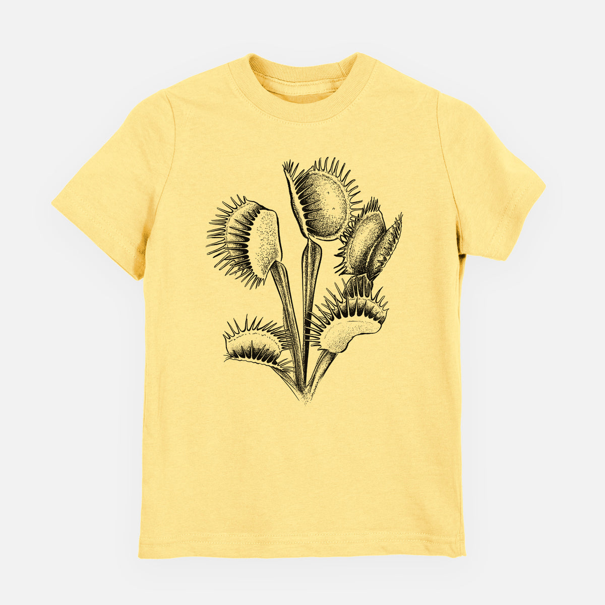 Butter yellow youth t-shirt laid flat, printed with a black ink illustration of a Venus flytrap plant with open traps.
