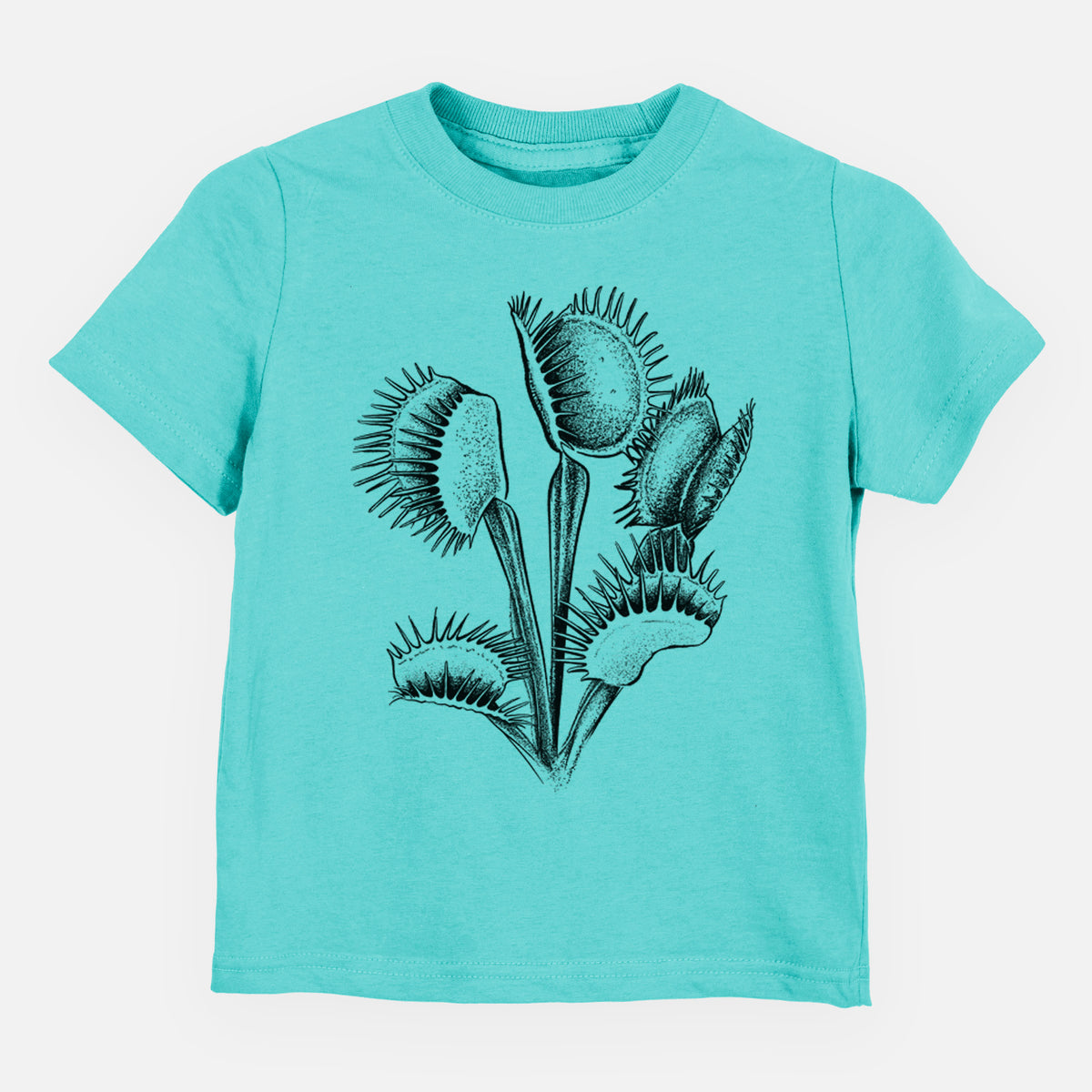 Caribbean blue toddler t-shirt laid flat, printed with a black ink illustration of a Venus flytrap plant with open traps.